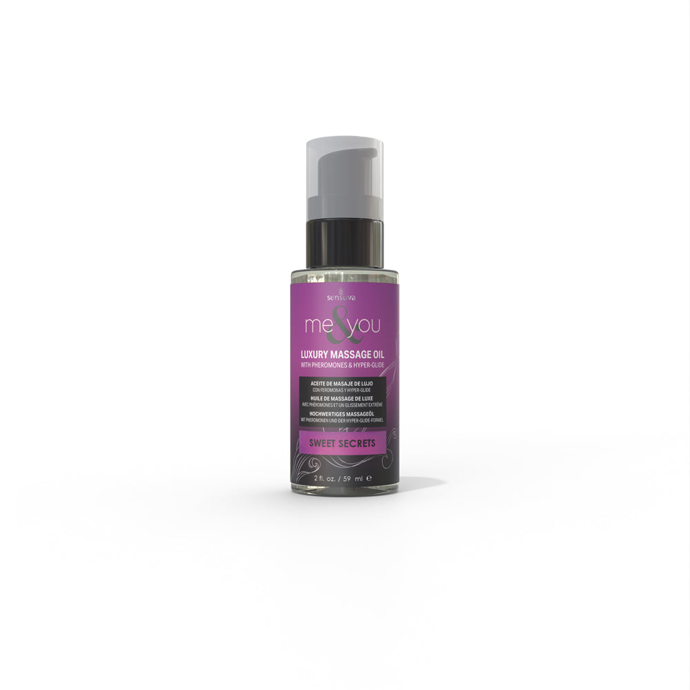 A bottle of Sensuva Me & You Luxury Massage Oil with Pheromones & Hyper-Glide.