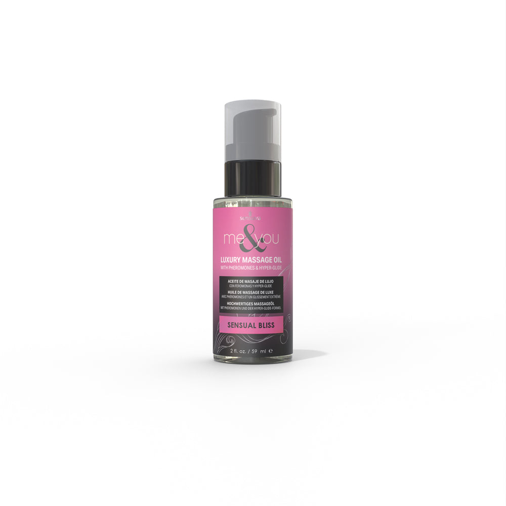 A bottle of Sensual Bliss Luxury Massage Oil with pheromones and hyper-glide.