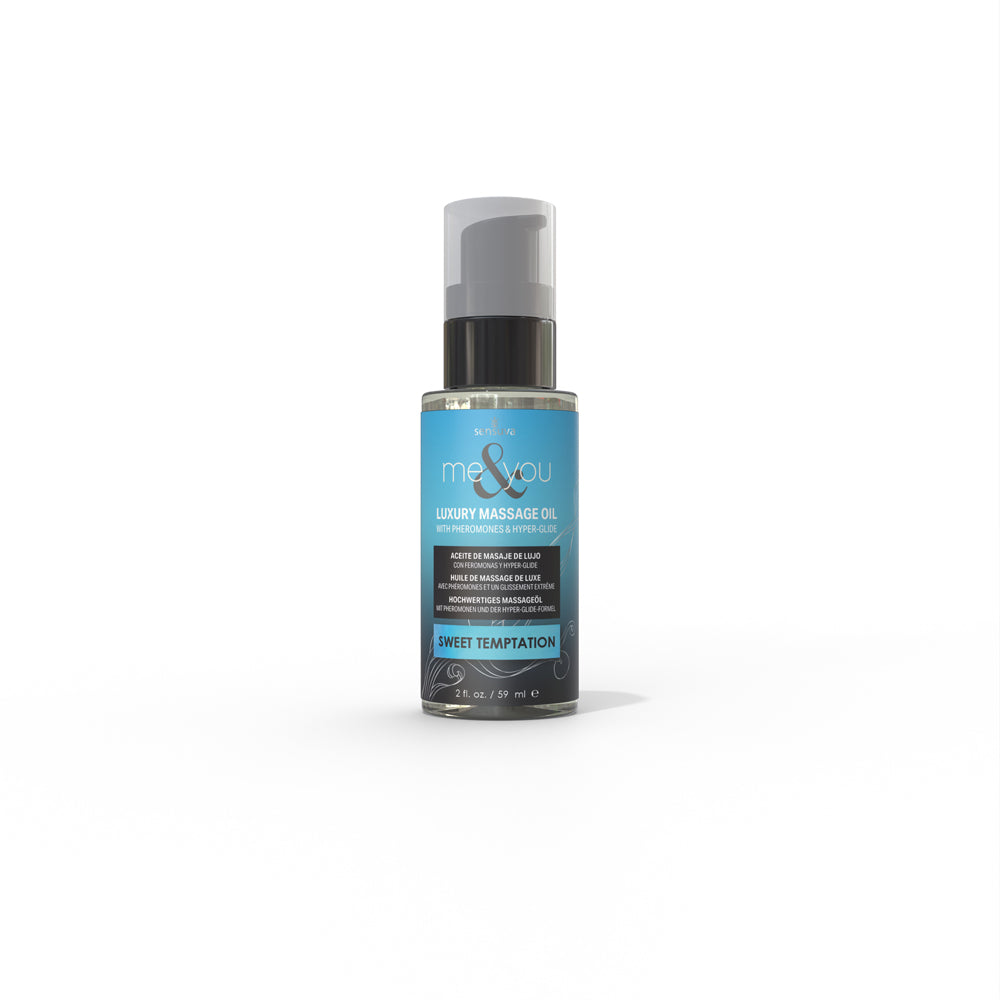 Luxury massage oil with pheromones and hyper-glide in a clear bottle with a pump.