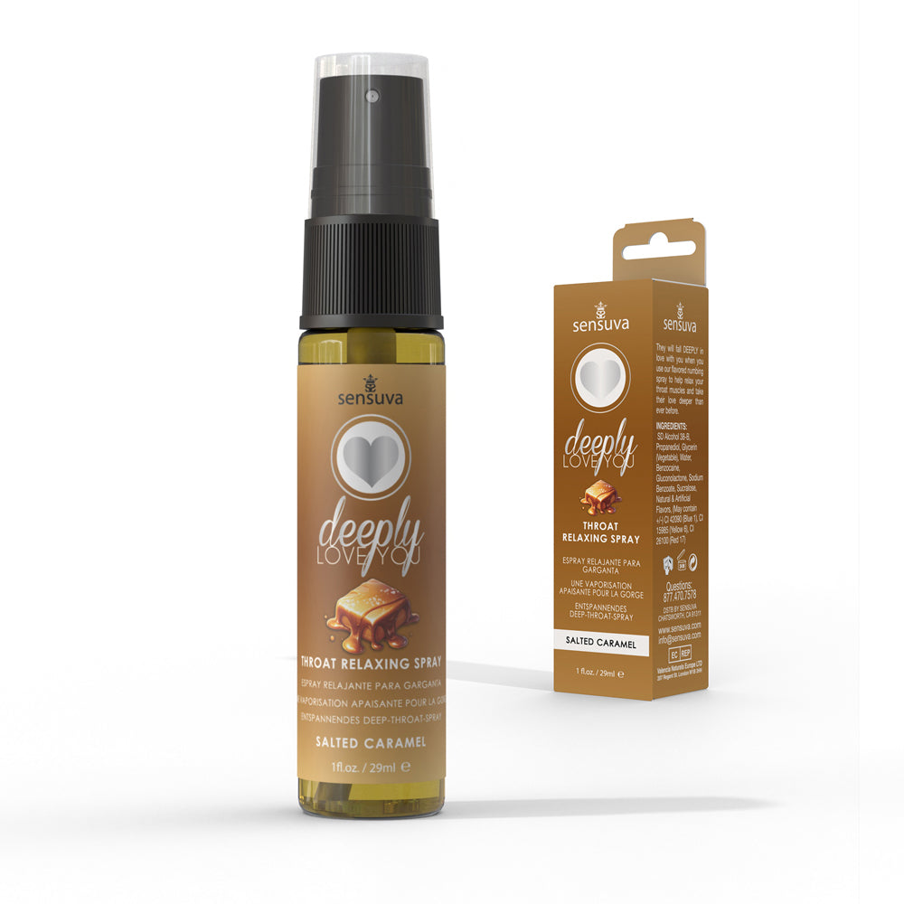 A bottle and box of Sensuva Deeply Love You Salted Caramel Throat Relaxing Spray.