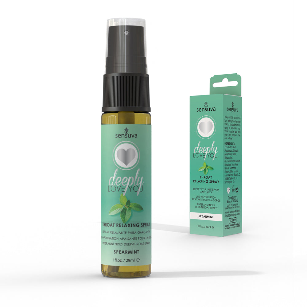 Sensuva spearmint throat relaxing spray bottle and box.