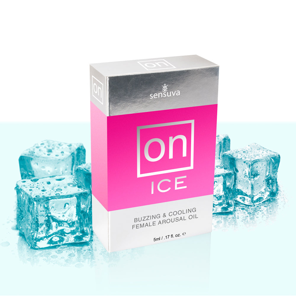 Pink box of Sensuva On Ice arousal oil with ice cubes.