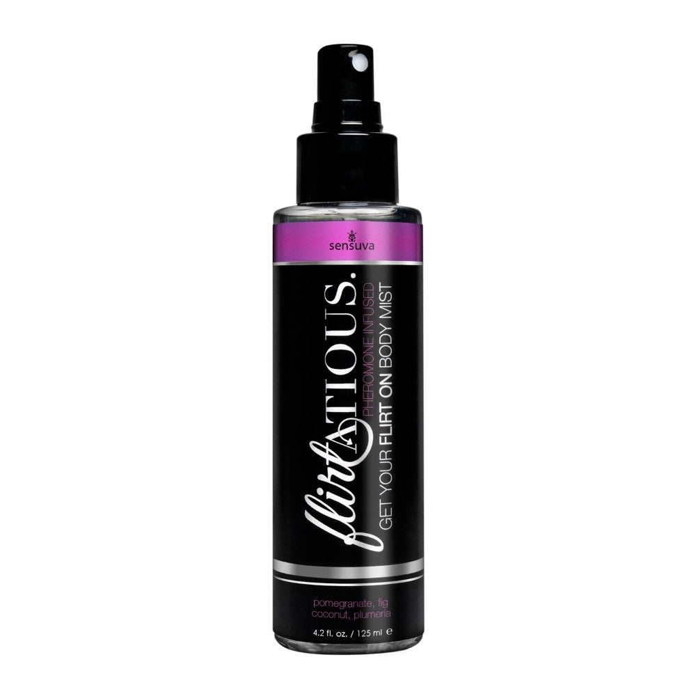 Sensuva Pomegranate Plumeria Pheromone Body Mist in a clear bottle with a black spray top.