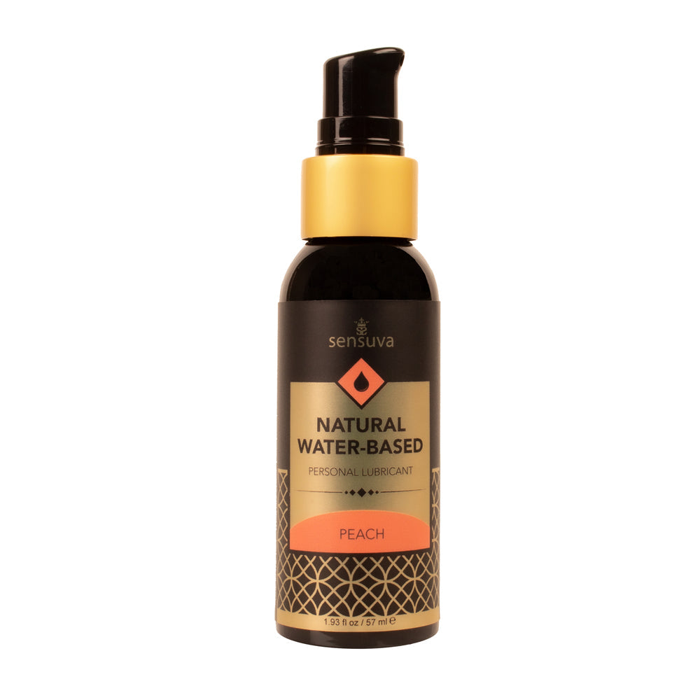 Sensuva natural water-based peach personal lubricant in a black bottle with a gold pump.