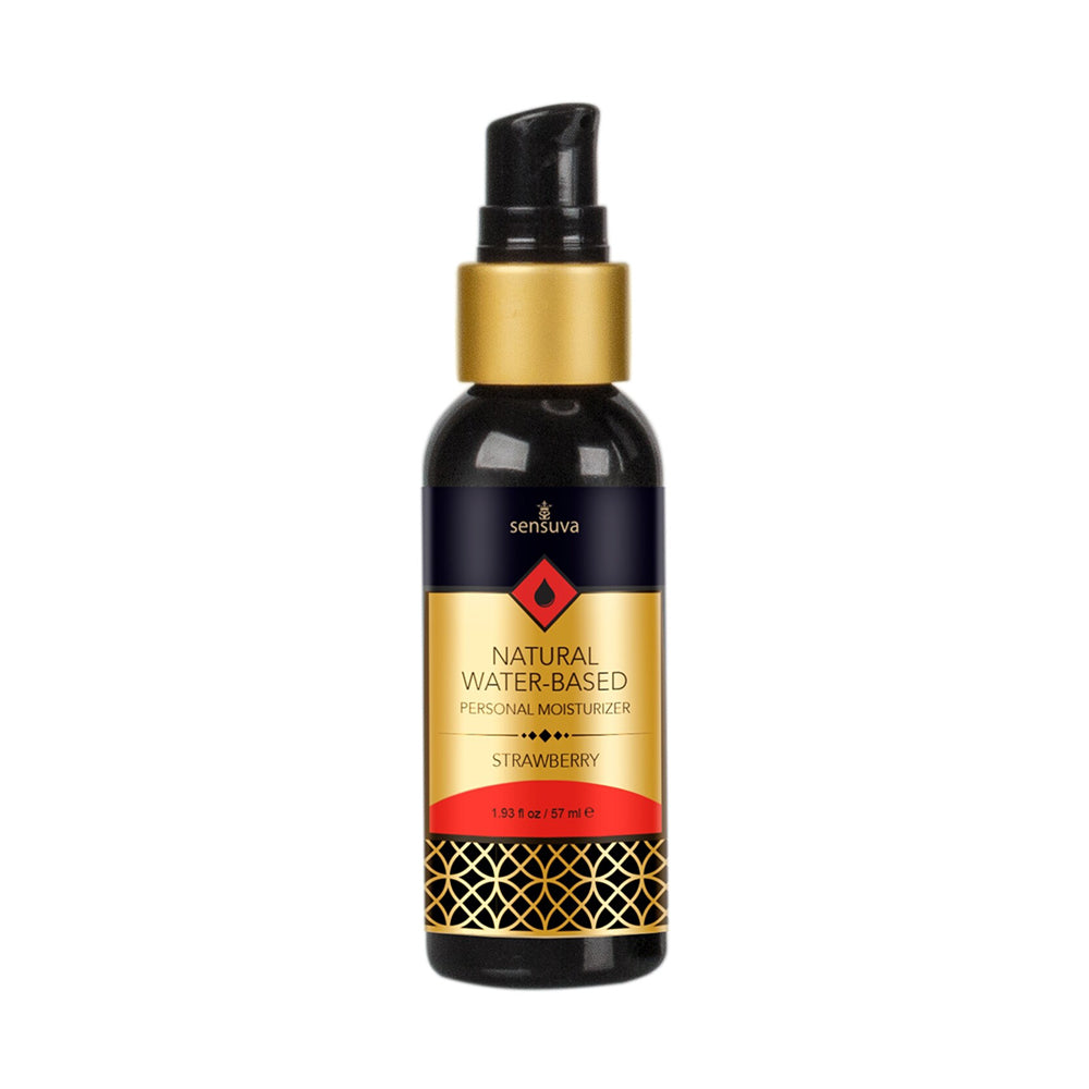 A black bottle of Sensuva Natural Water-Based Strawberry Personal Moisturizer with a gold pump.