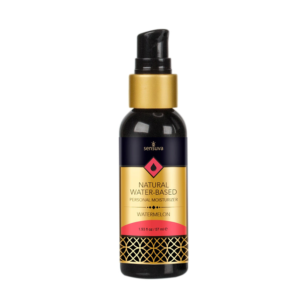 Sensuva natural watermelon flavored water-based personal moisturizer in a black pump bottle.