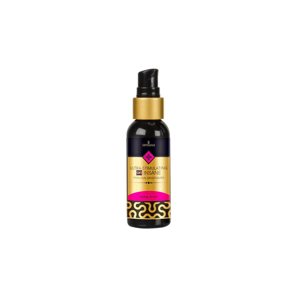 Sensuva ON Insane ultra-stimulating personal moisturizer in a black bottle with gold accents.