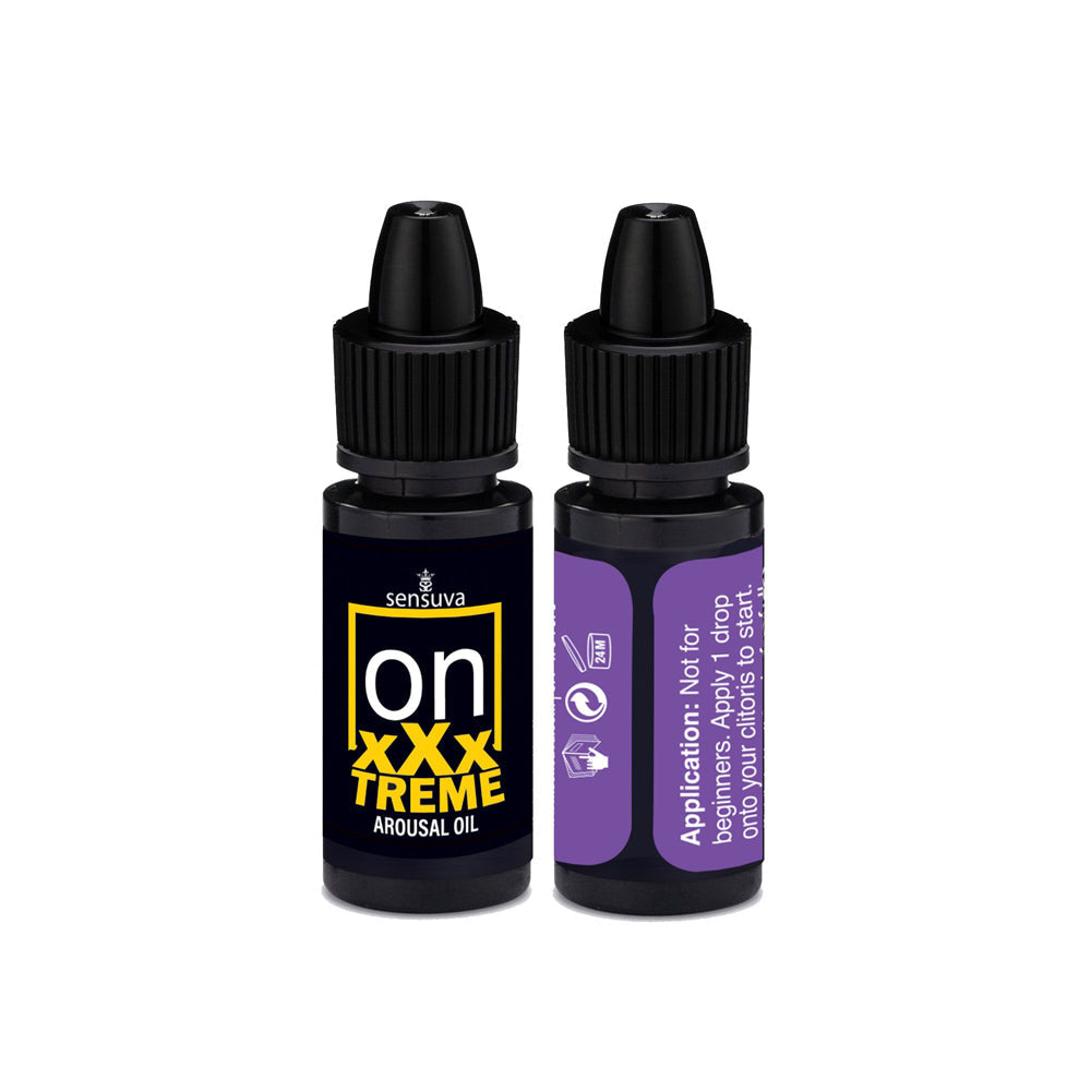 Two bottles of Sensuva On XXX TREME arousal oil with black dropper tops.