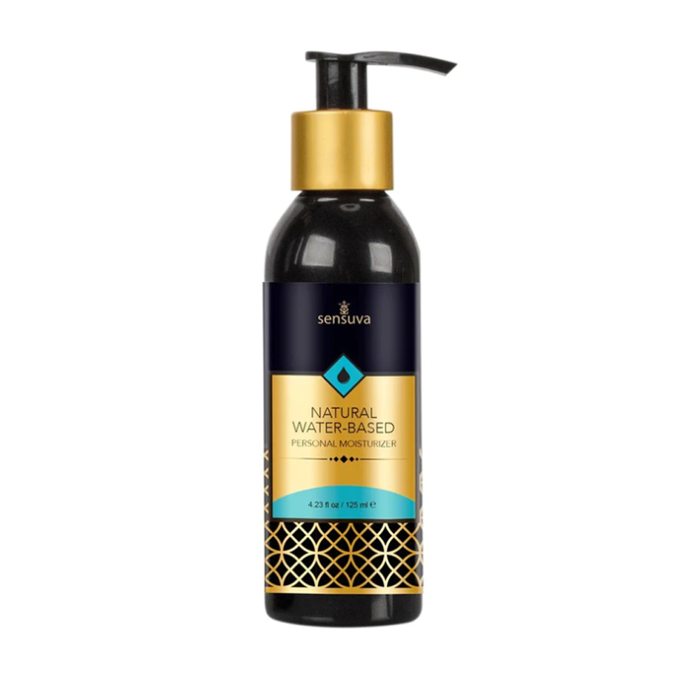 A black pump bottle of Sensuva Natural Water-Based Personal Moisturizer with gold accents.