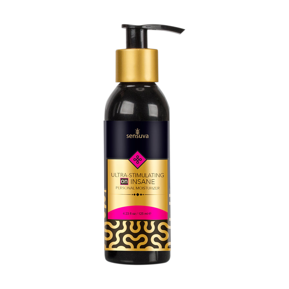 Sensuva ON Insane ultra-stimulating personal moisturizer in a black pump bottle.