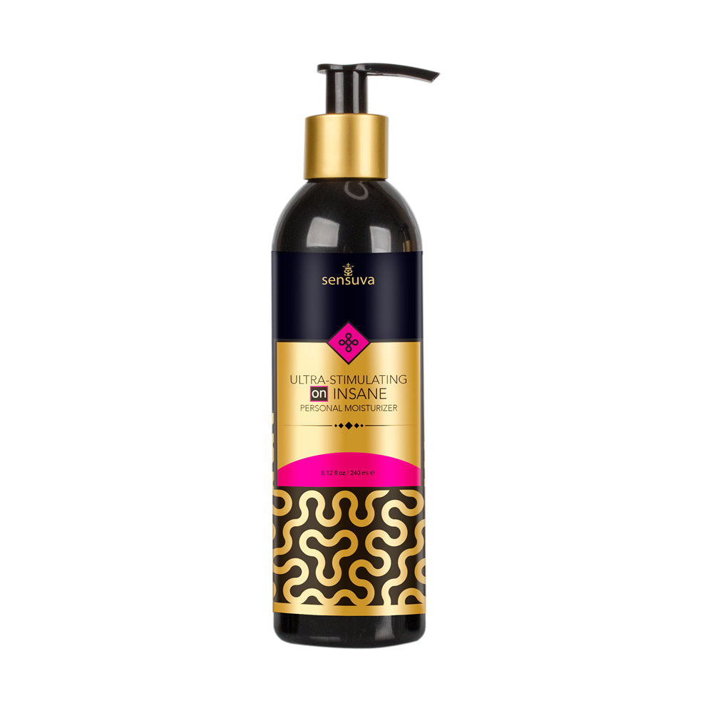 Sensuva ON Insane ultra-stimulating personal moisturizer in a black bottle with gold accents.