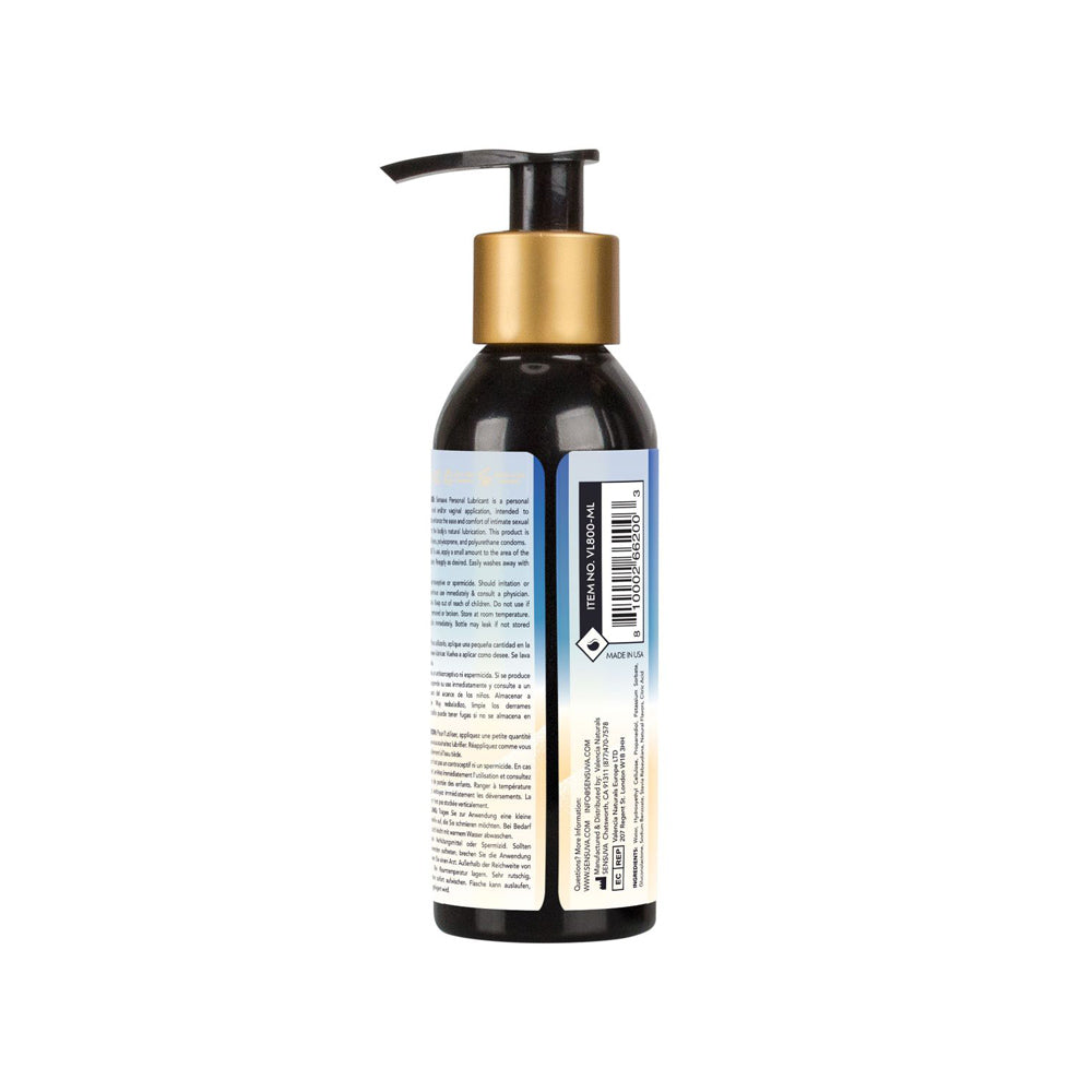 A black pump bottle of water-based personal lubricant with a gold dispenser.
