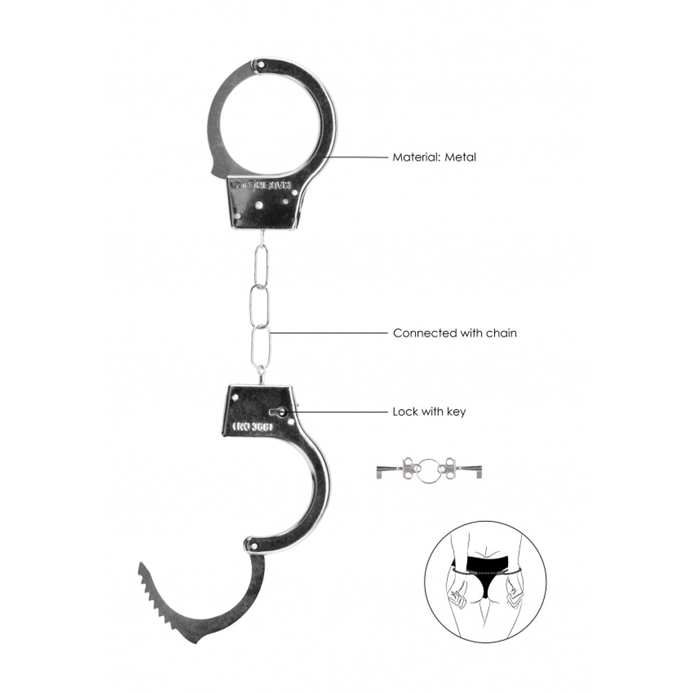 Metal handcuffs with chain, lock, and key, shown with a diagram of their use.