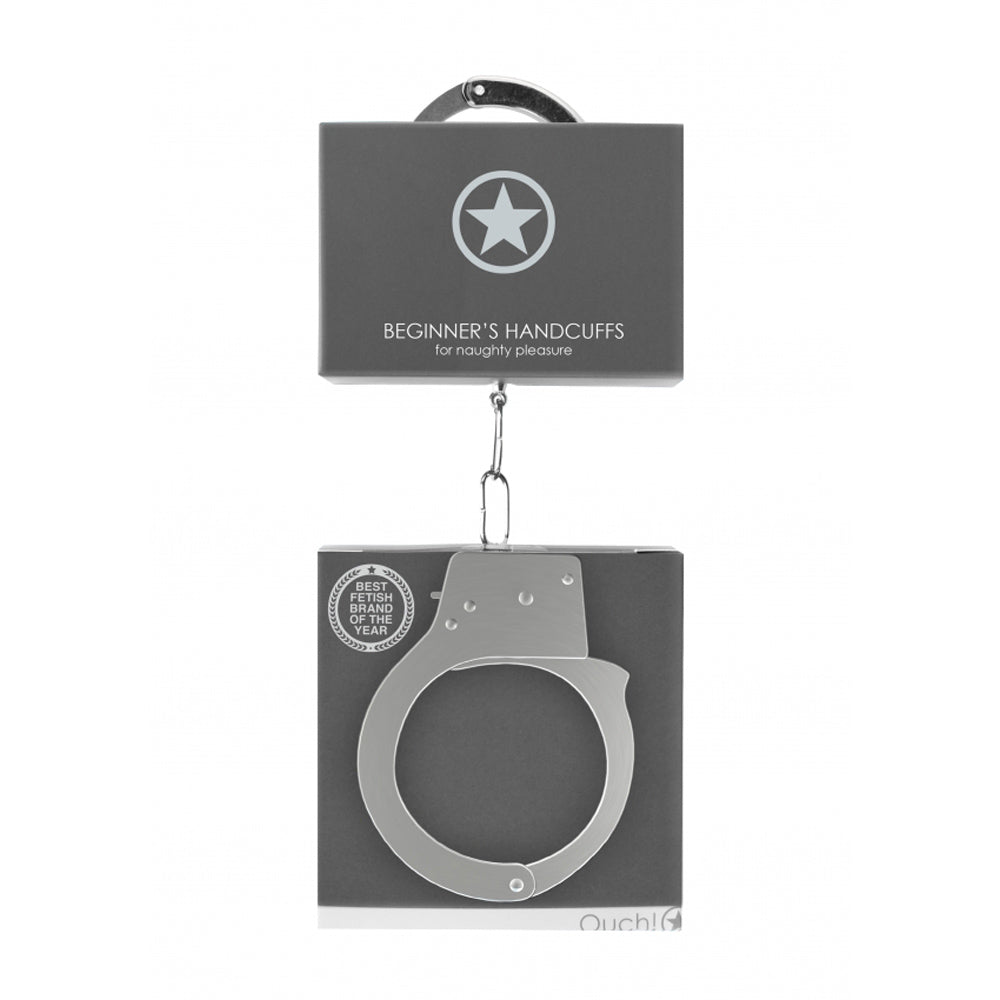 Metal beginner handcuffs with a quick-release mechanism.
