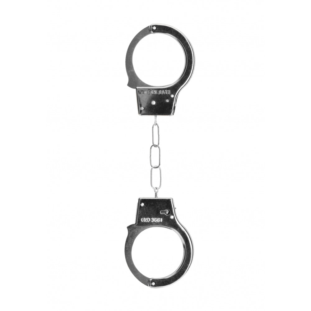 Metal handcuffs with a chain and quick-release mechanism.