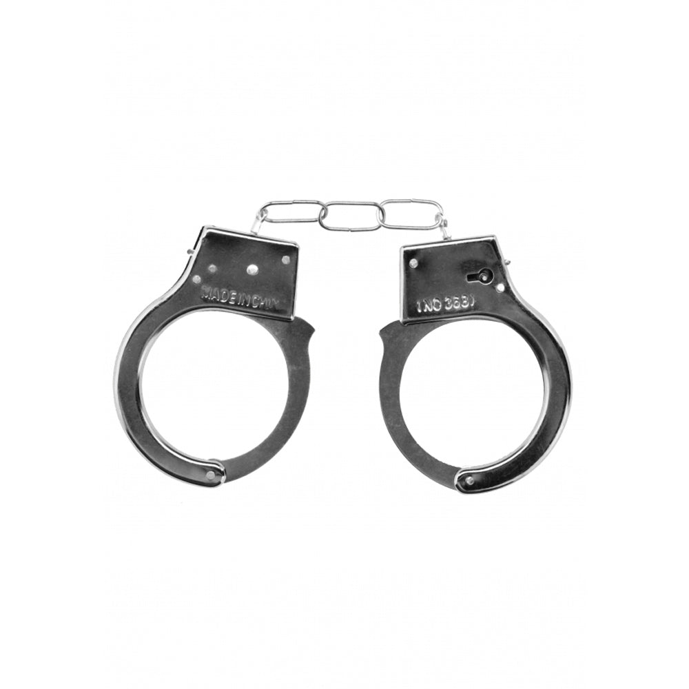 Metal handcuffs with a chain and "MADE IN CHINA" and "NO 383" markings.