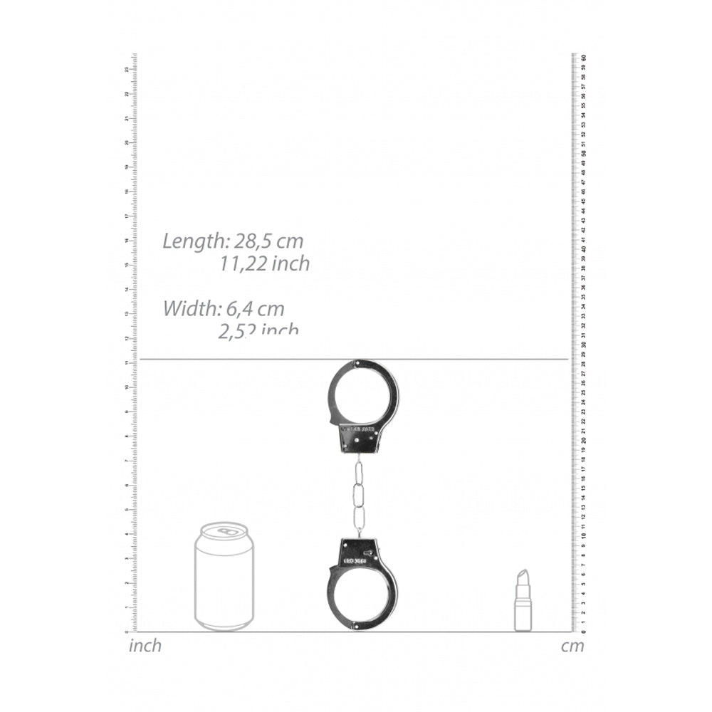 Metal beginners handcuffs with quick-release, shown with a can and lipstick for scale.