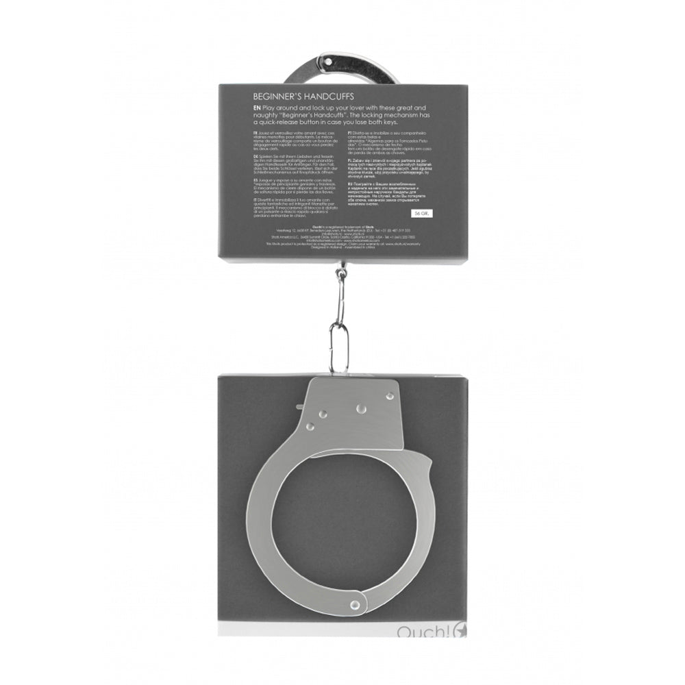 Metal beginner handcuffs with a quick-release button.