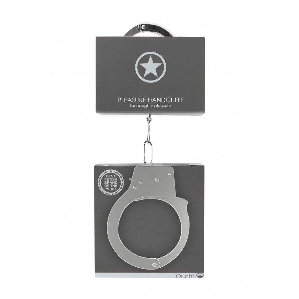 Metal pleasure handcuffs with quick-release mechanism.