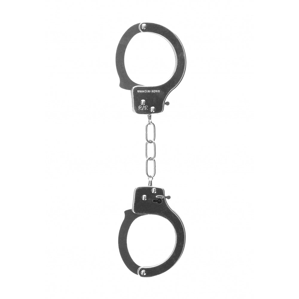 Metal handcuffs with a chain and quick-release mechanism.