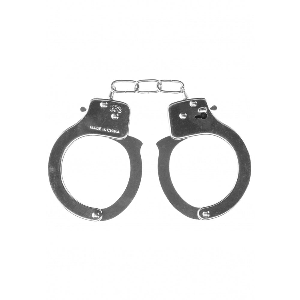 Metal handcuffs with a chain and quick-release mechanism.