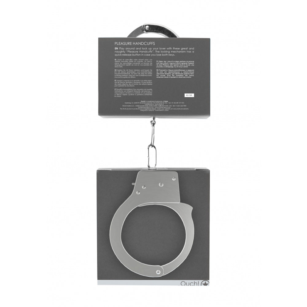 Metal pleasure handcuffs with a quick-release button.