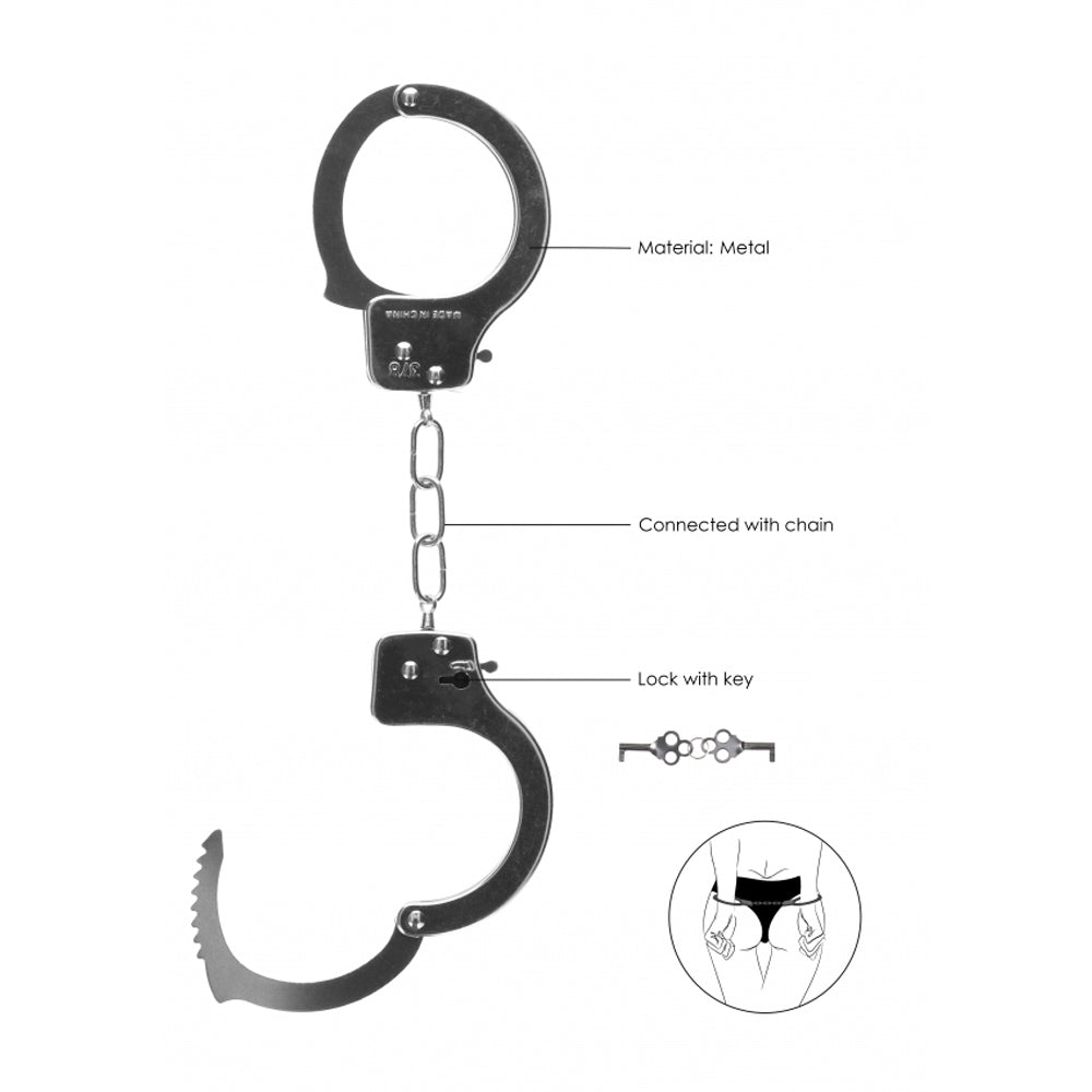 Metal handcuffs with chain, lock, and key, labeled with material and connection details.