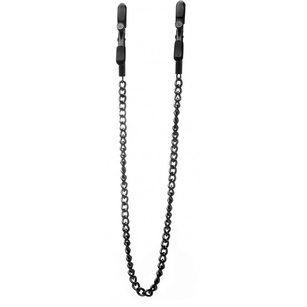 Adjustable black nipple clamps connected by a chain.