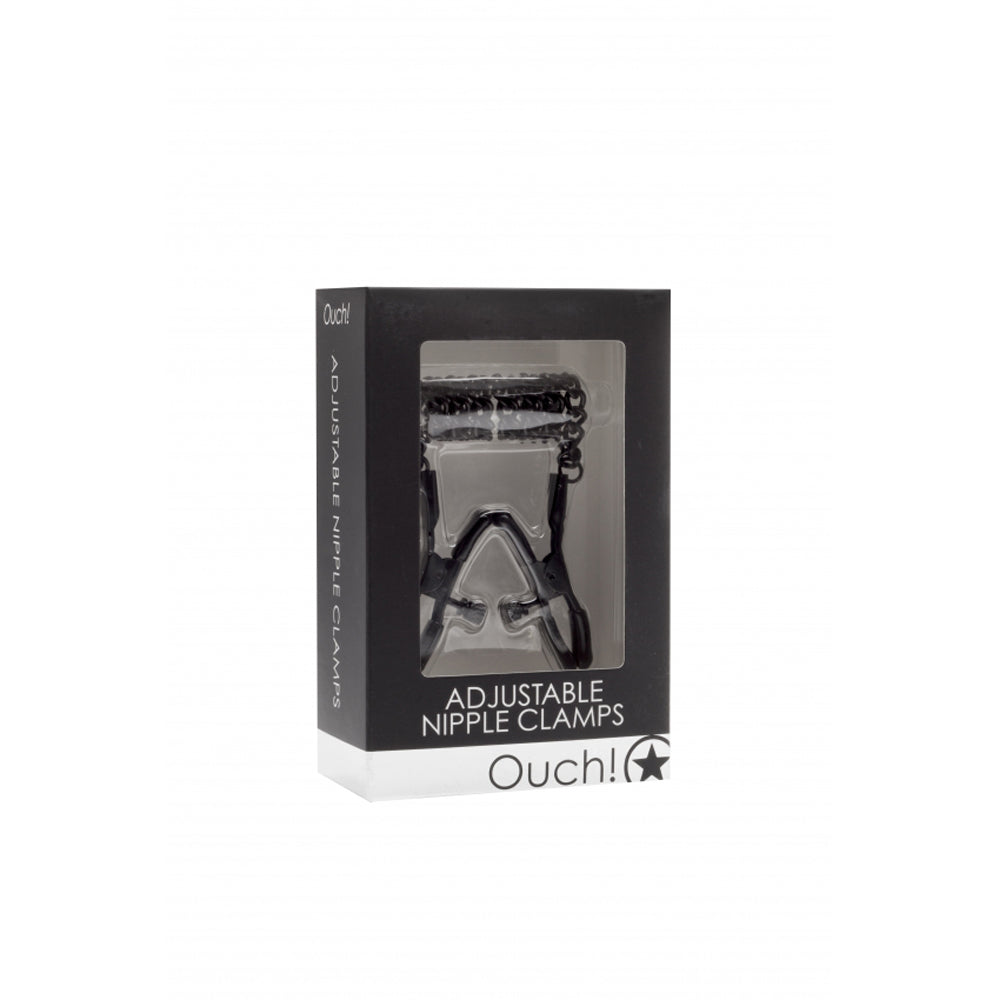 Adjustable nipple clamps with chain in packaging.