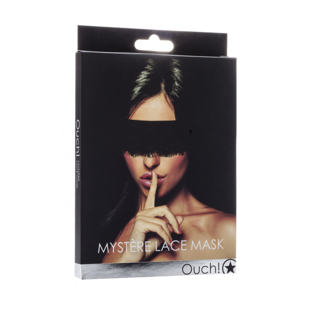 Black lace eye mask with "Mystère Lace Mask" text on a box.