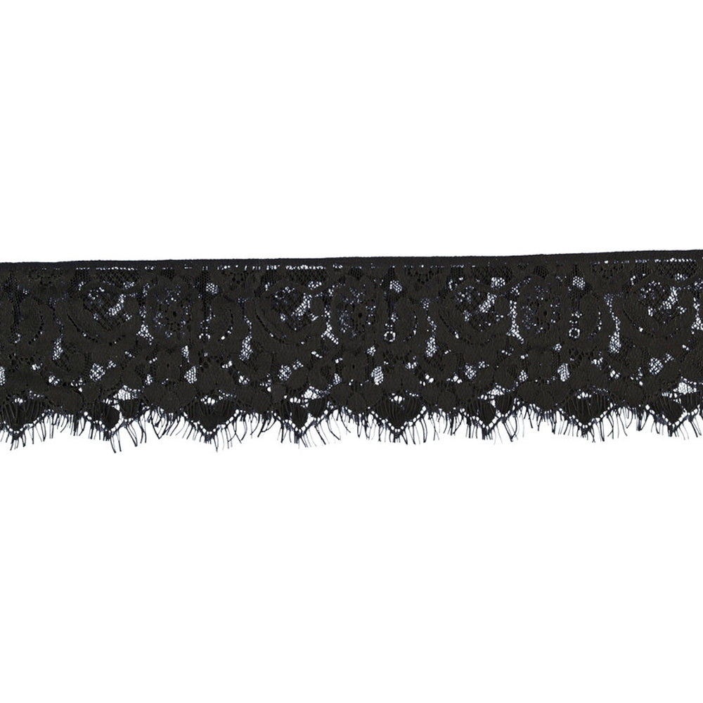 Black lace eye mask with a scalloped edge.