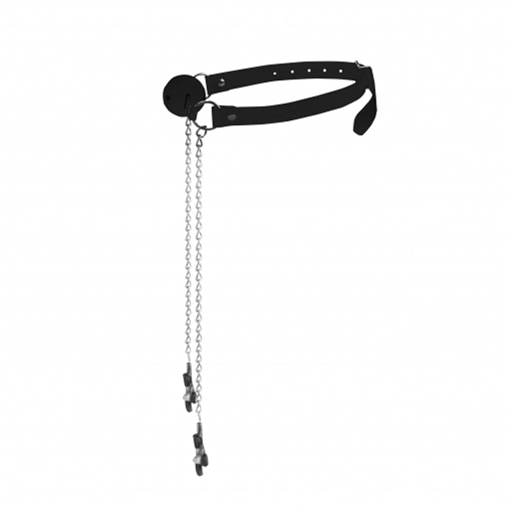Black leather ball gag with a long chain and two adjustable nipple clamps.