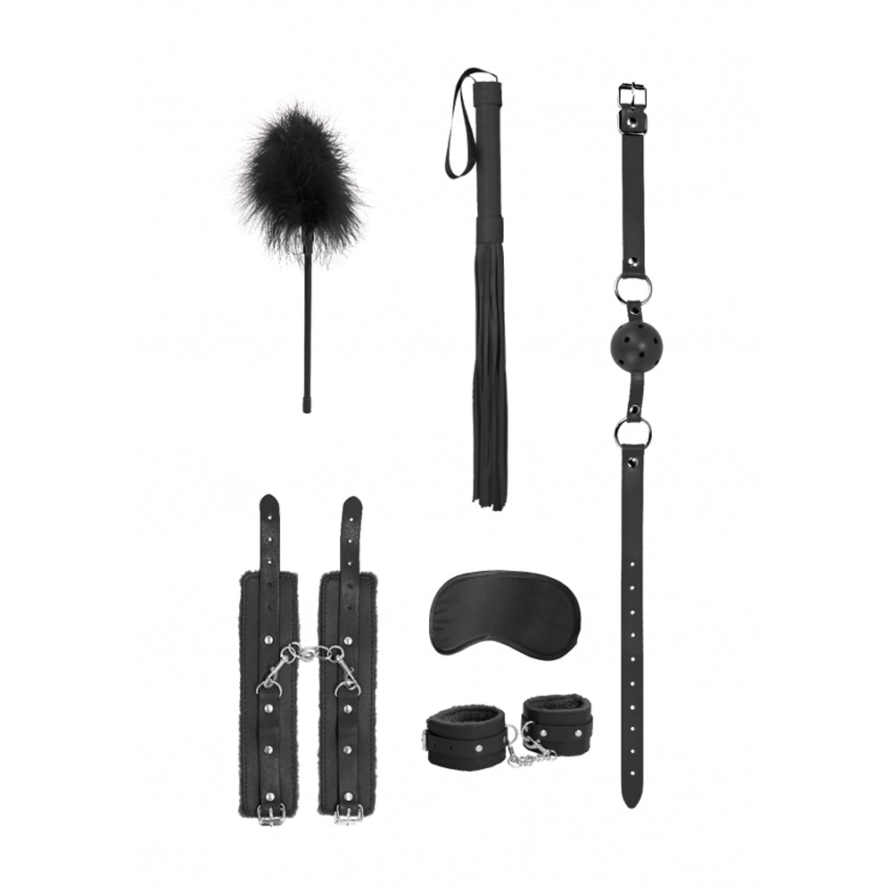 Beginners bondage kit with leather cuffs, ball gag, flogger, feather tickler, and eye mask.