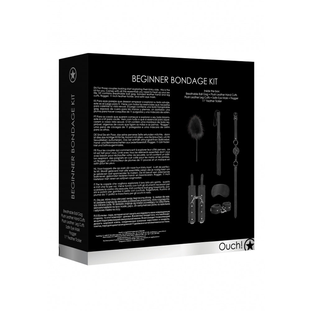 Beginners Bondage Kit with leather cuffs, ball gag, and feather tickler.
