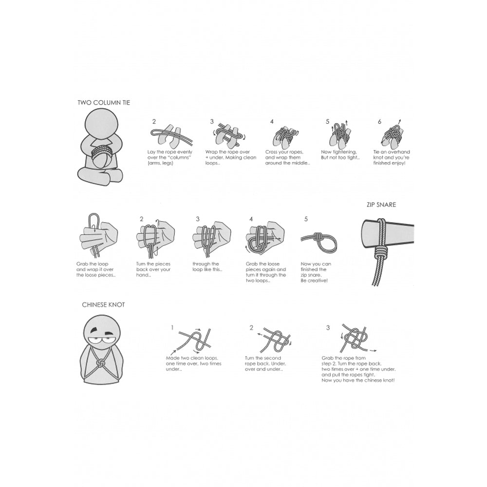 Diagrams showing how to tie two column tie, zip snare, and Chinese knot.
