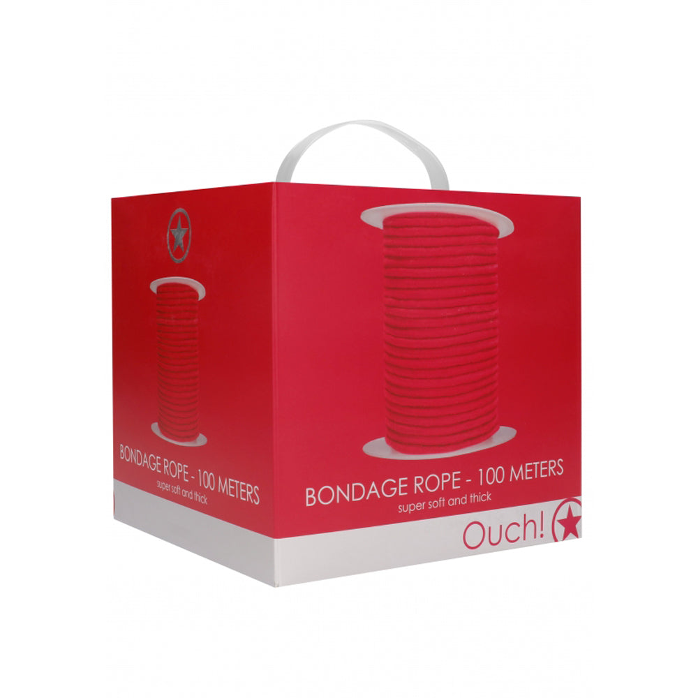 Red cotton bondage rope on a box with the text "Ouch!".