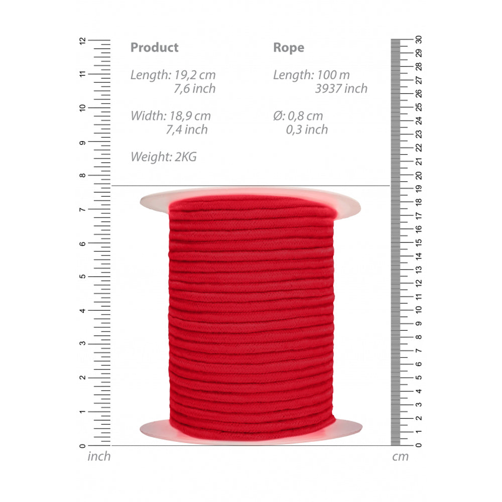 Red cotton Japanese bondage rope, 100m length, 0.8cm diameter.