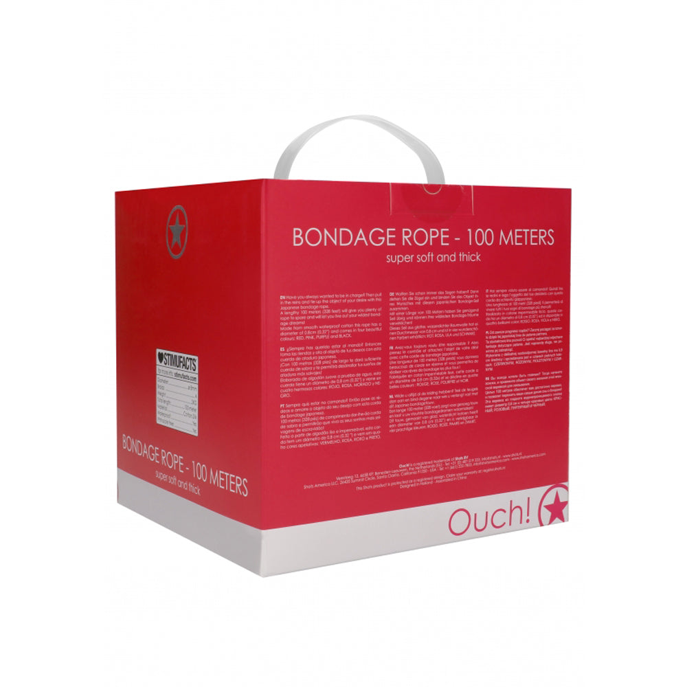 Red cotton Japanese bondage rope, 100 meters long, with "Ouch!" branding.