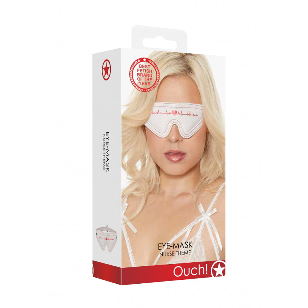 White eye mask with a red heartbeat design and "Nurse Theme" text.