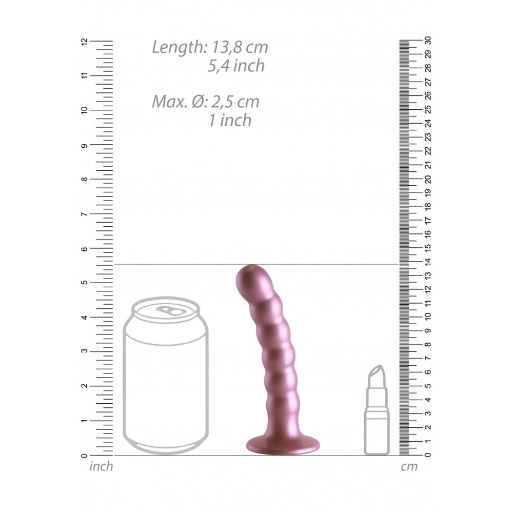 A pink beaded G-spot dildo with a suction cup, shown next to a soda can and lipstick for scale.