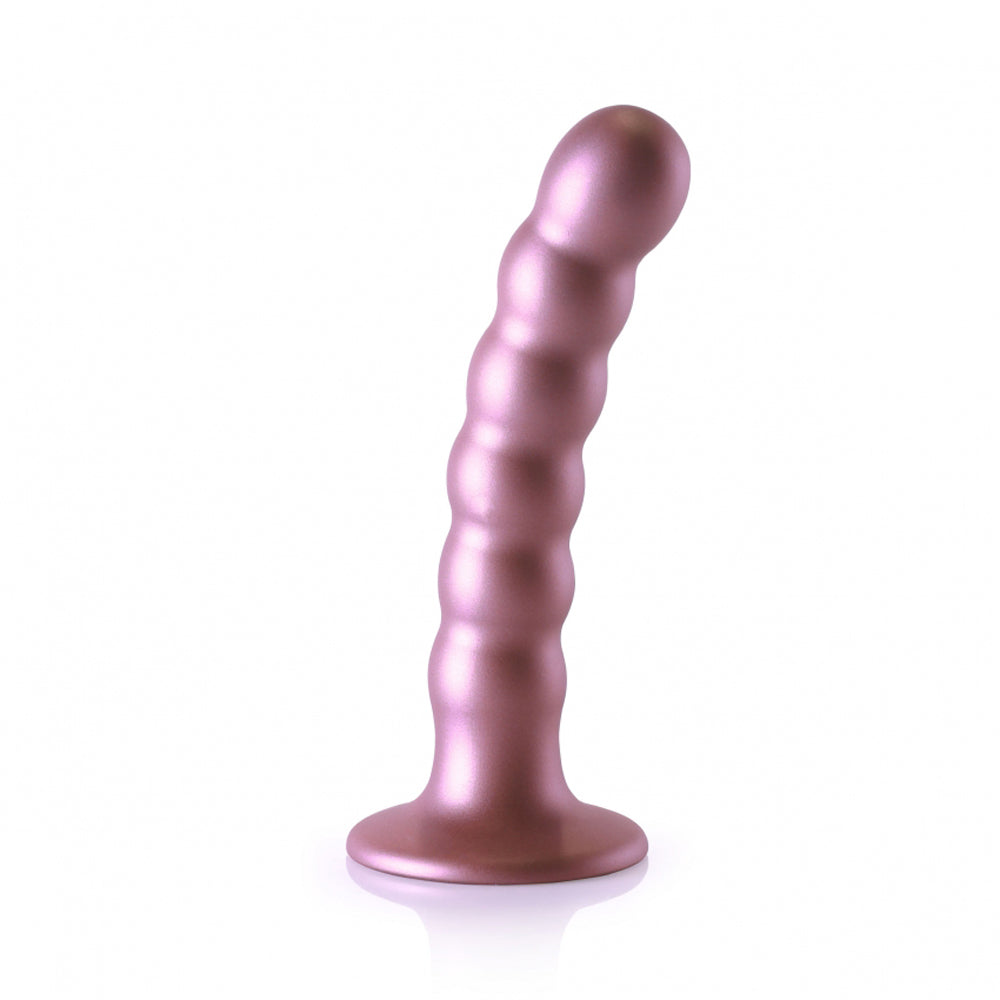 A 5-inch pink beaded silicone G-spot dildo with suction cup base.