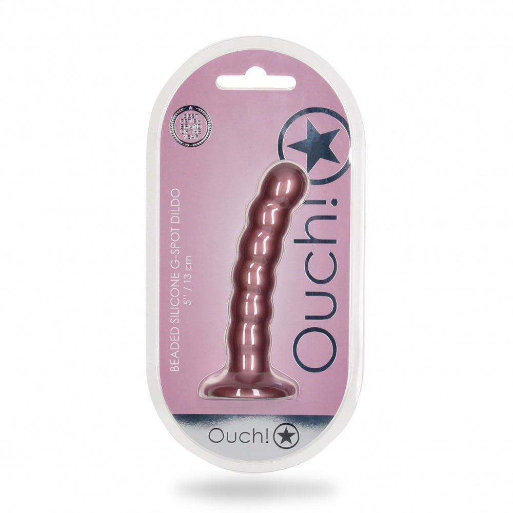 Beaded silicone G-spot dildo with suction cup in packaging.