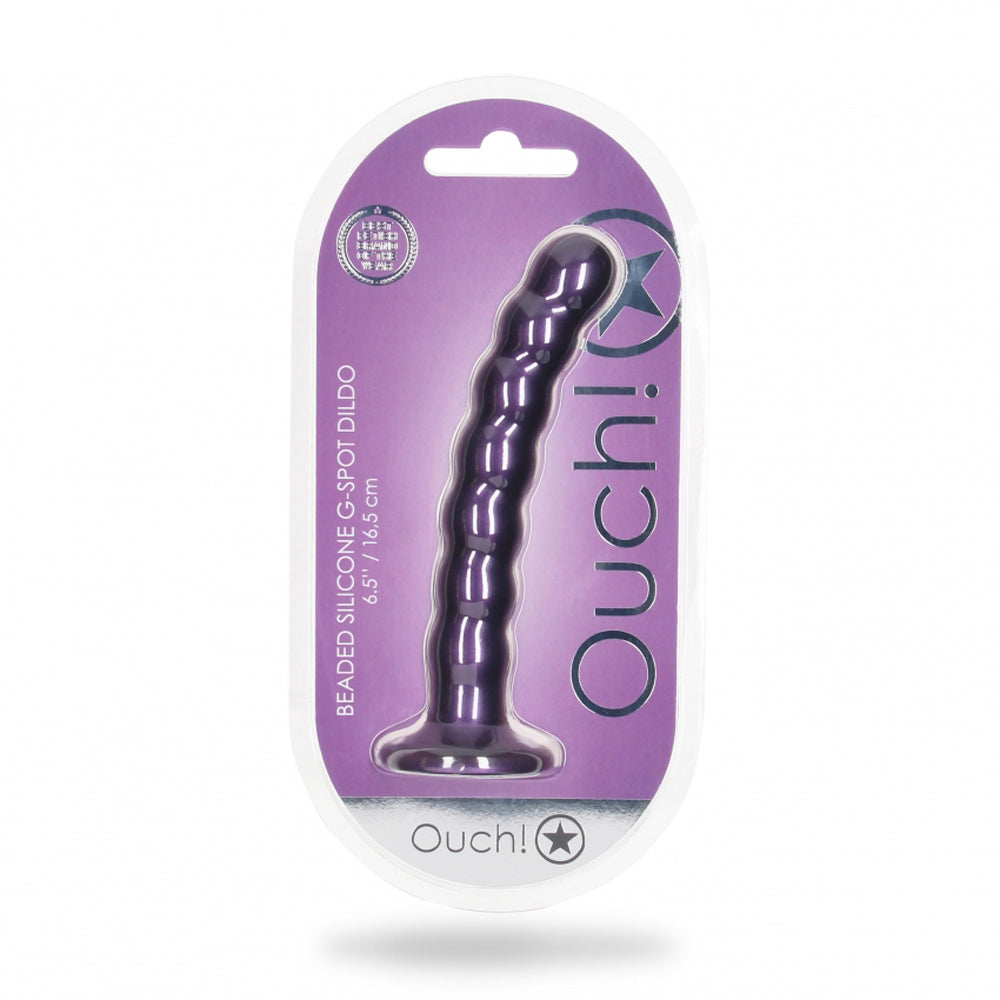 Purple beaded silicone G-spot dildo with suction cup.