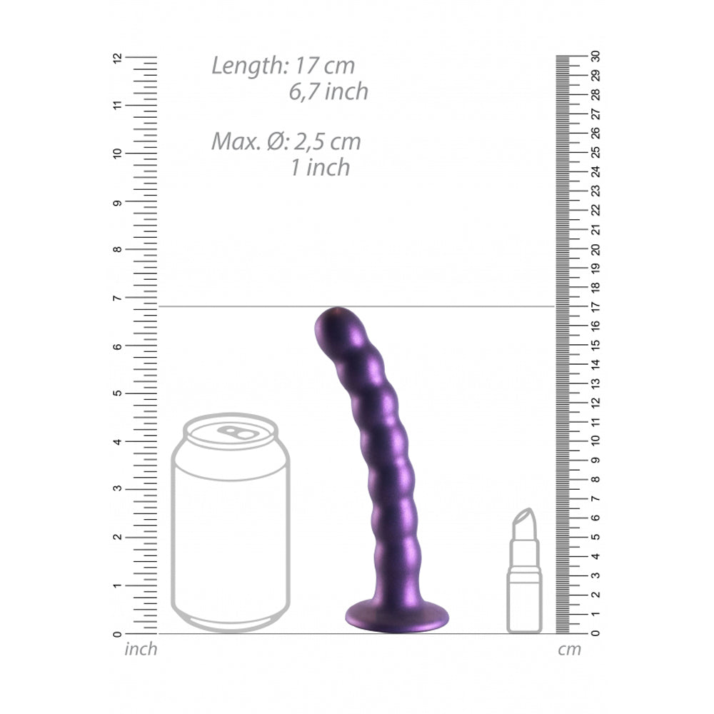 Purple beaded silicone G-spot dildo with suction cup, shown with rulers.