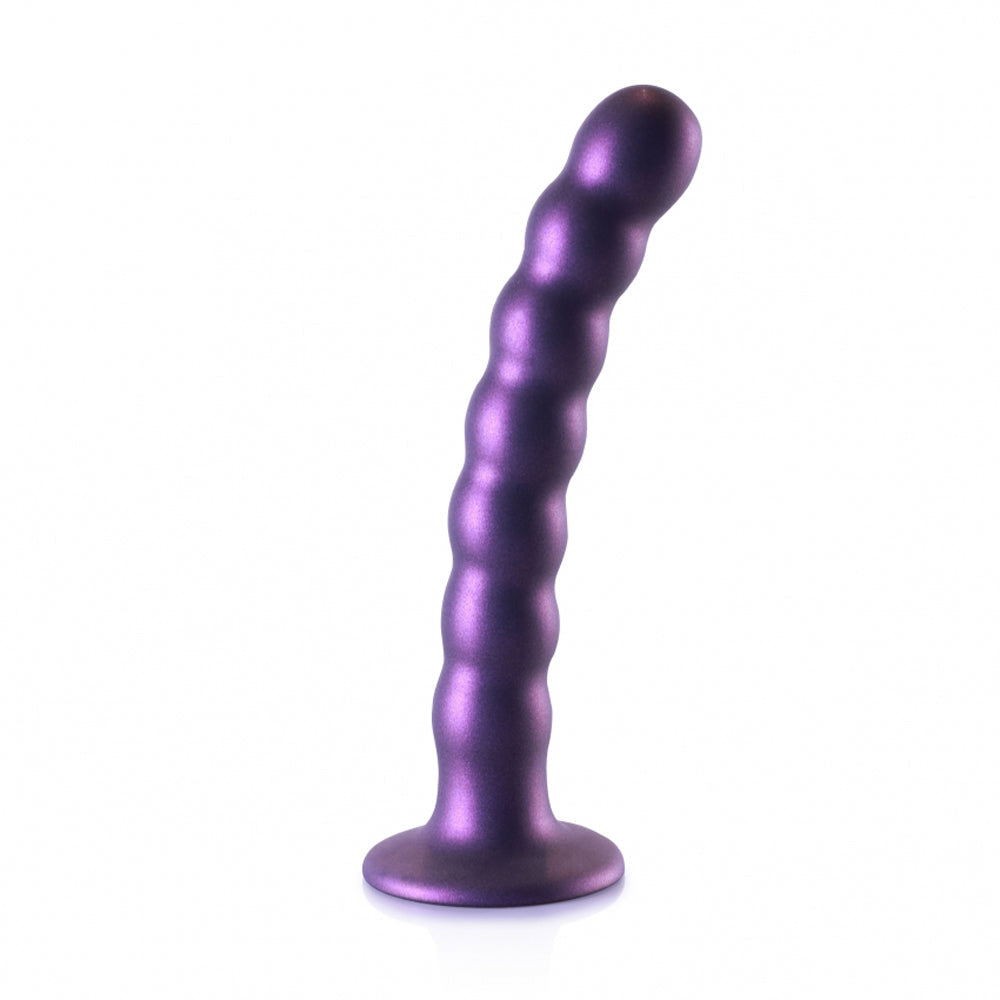 Purple beaded silicone G-spot dildo with a suction cup base.