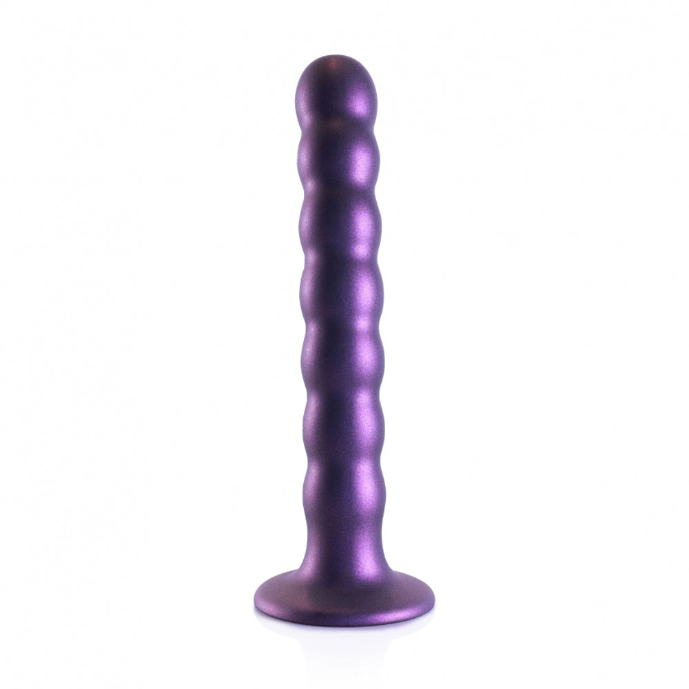 Purple beaded silicone G-spot dildo with a suction cup base.