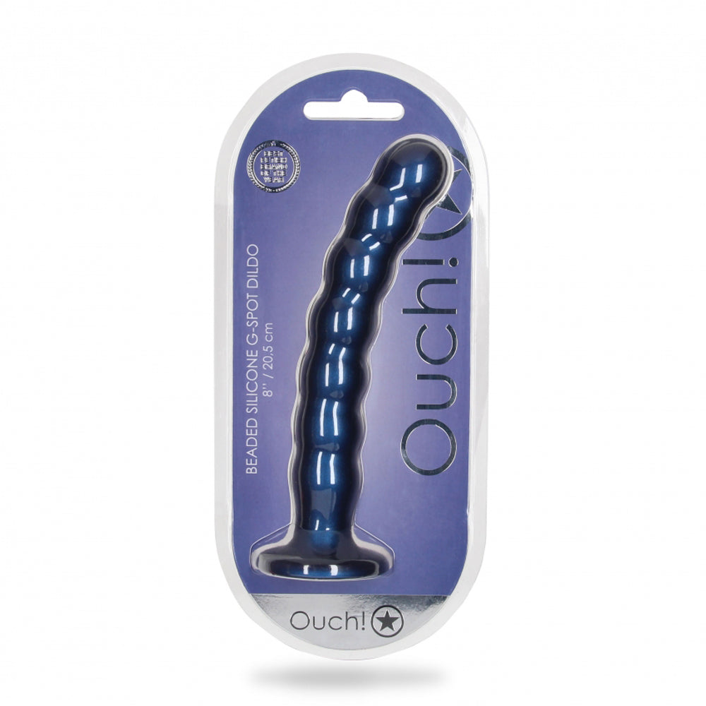 Blue beaded silicone G-spot dildo in packaging.