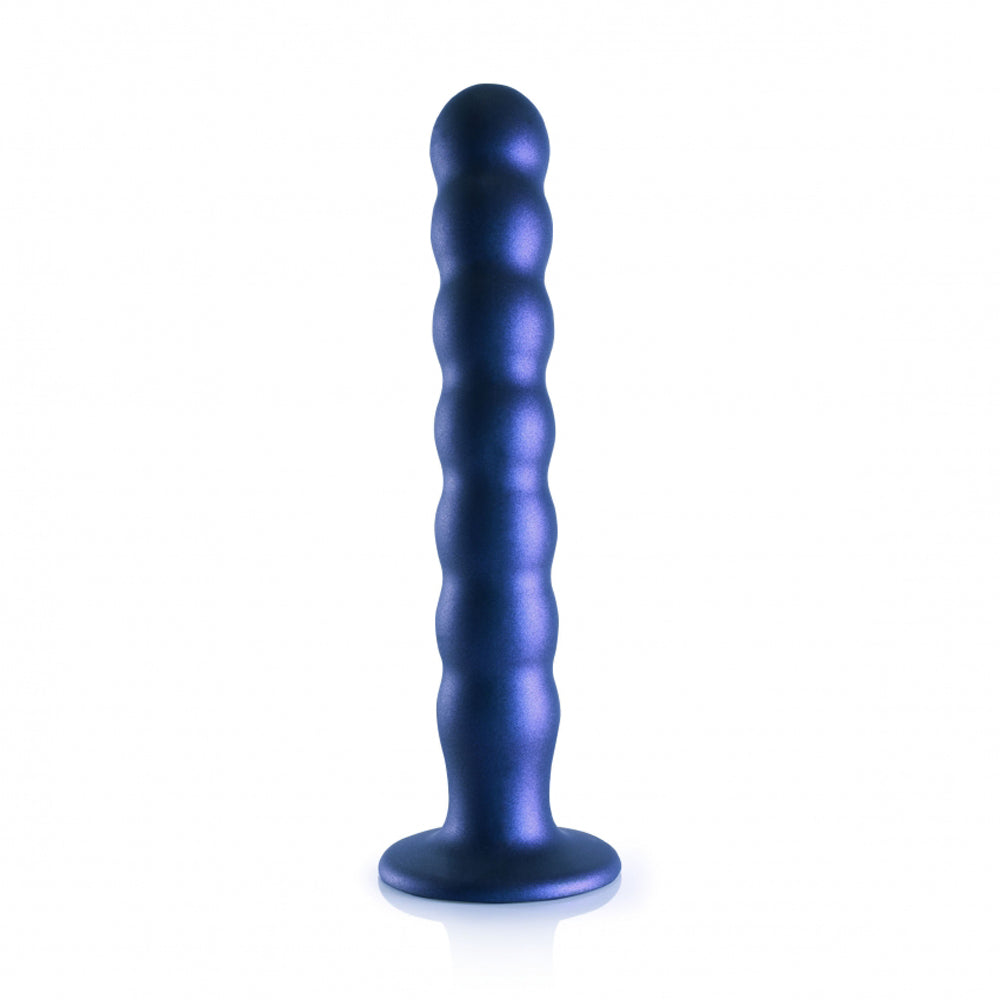 A dark blue beaded silicone dildo with a suction cup base.