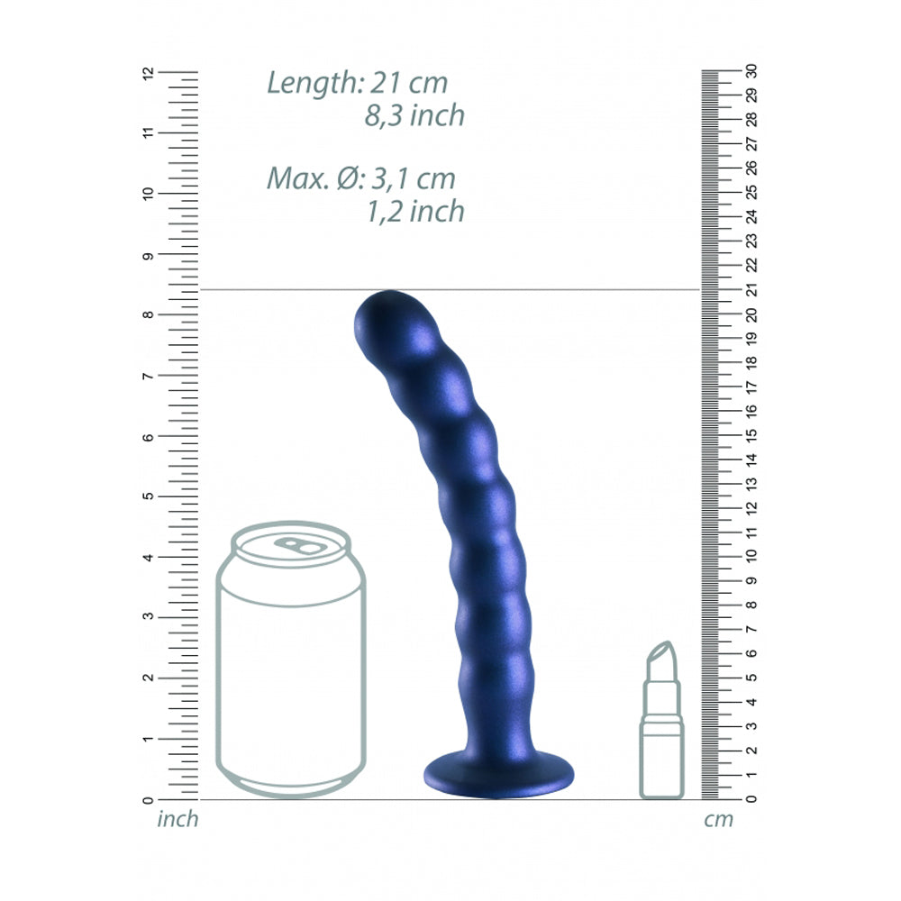 Blue beaded silicone G-spot dildo with suction cup, shown next to a soda can and lipstick for scale.