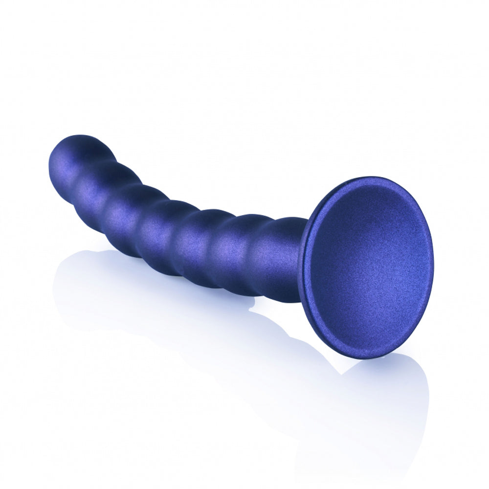 Curved purple beaded silicone dildo with a suction cup base.